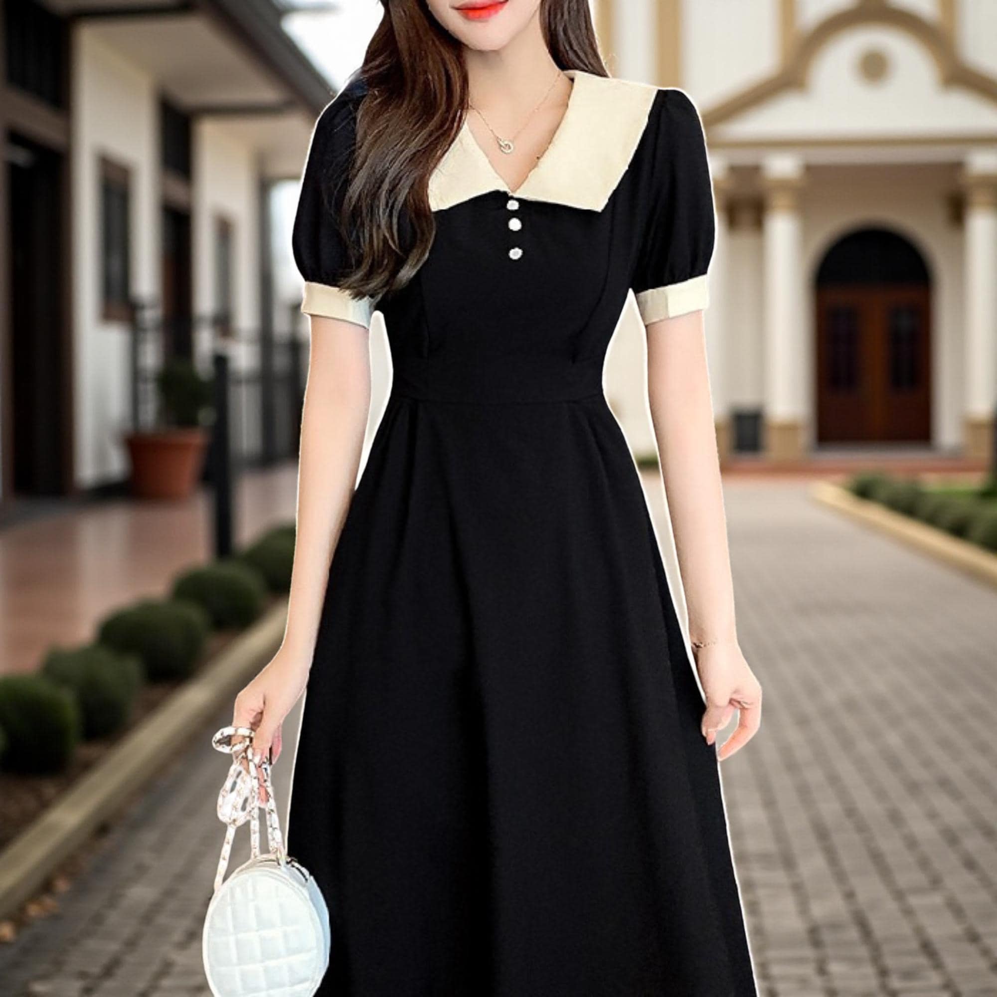 green emerald velvet dress Korean Style] Off-white Blue Flowy Chiffon Short Dress – Ordicle main image 0