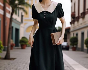 Black A-Line Korean Dress | Modest Church Outfit with Cream Collar Black A-Line Korean Dress | Modest Church Outfit with Cream Collar