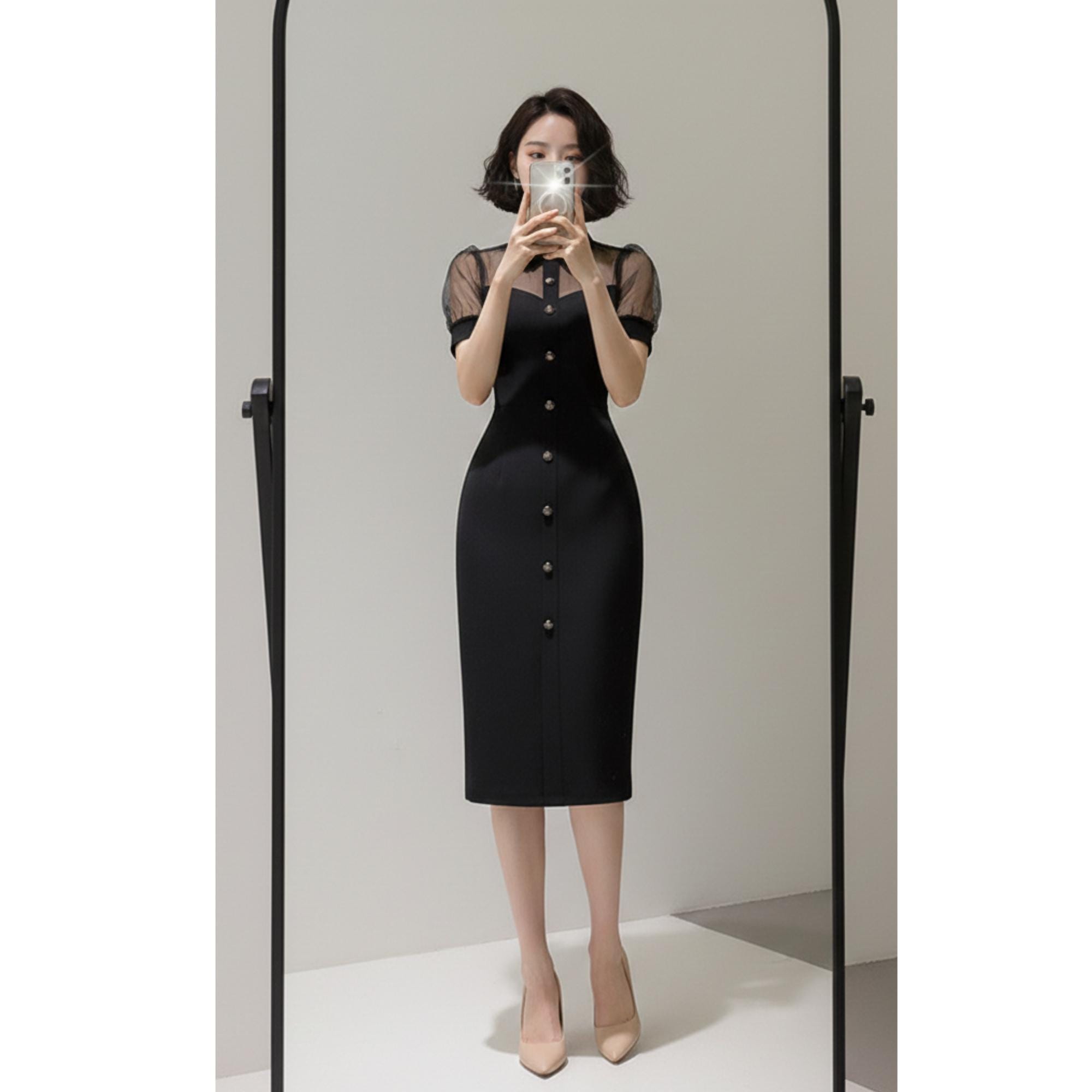 button up bodycon midi dress Black Bodycon Midi Dress - Ribbed Dress - Button-Front Dress