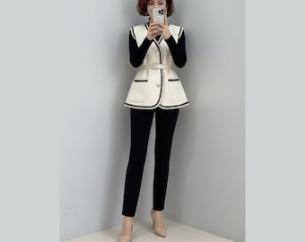 Tweed Vest Dress | Chic Belted Sleeveless Jacket Top | Elegant Black White Parisian | Fall Winter Trendy Outfit I Formal Office Outfit