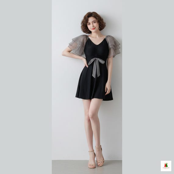 korean cute mini dress Gothic Dress, Sheer Puff Sleeves, Bow Waist - Party Date Outfit Color:Red/Bright Fuchsia BF30ONLY Pakistani dress, Embroidered Black Elegant dress