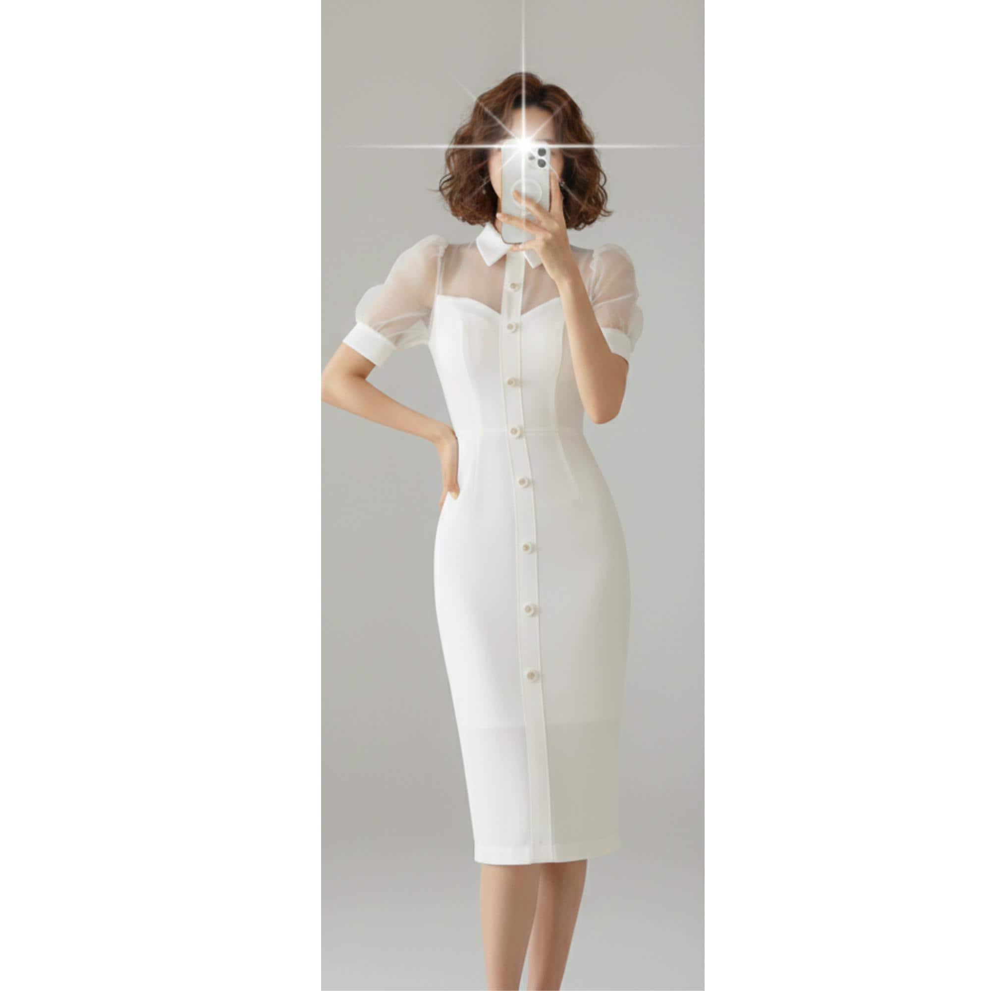 Elegant Button Front Midi Dress for Women I Sheer Puff Sleeve Korean Style I Chic Bodycon Party Dress