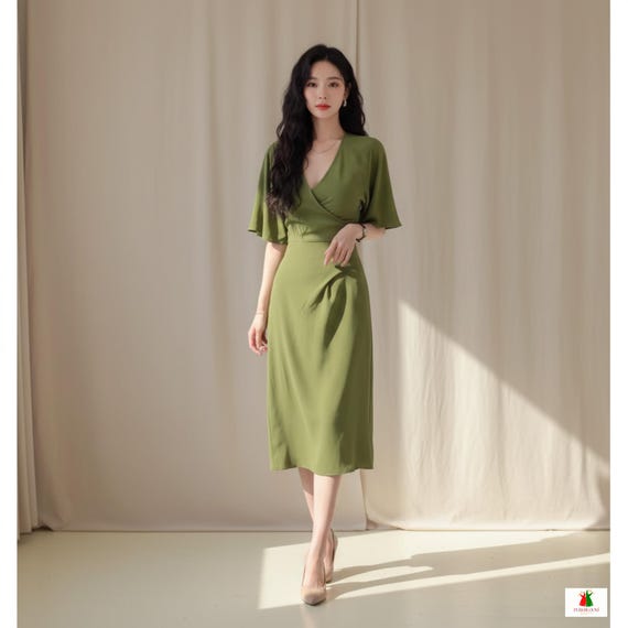 short sleeve flutter wrap midi dress Short Sleeve Flutter Wrap Midi Dress