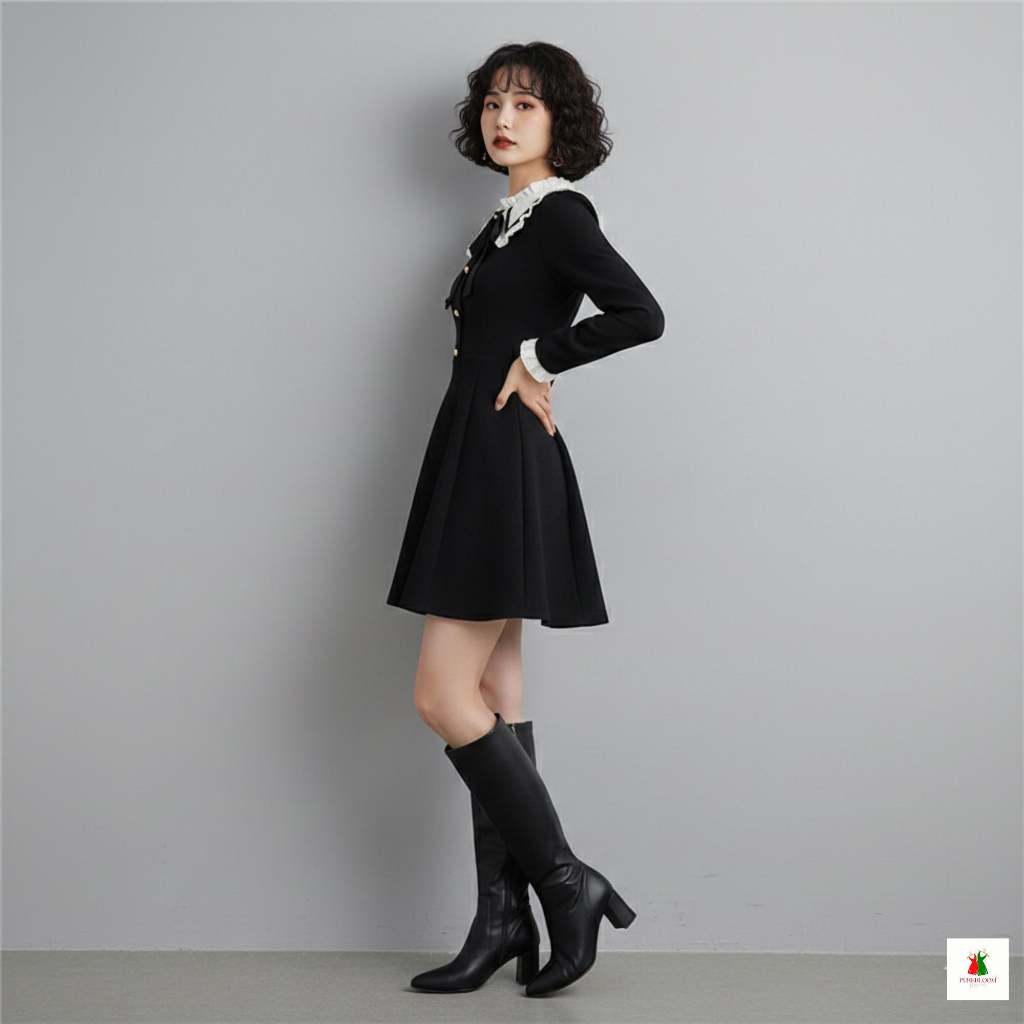 mini dress thigh high boots BYDIVA 2021 Long Sleeve Bodycon Garter with Stockings Hot Slim Black S : Clothing, Shoes & Jewelry high boots with comfortable block heel and adjustable back tie With Black Dress Short Black