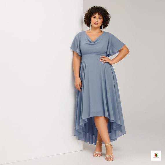 Chiffon High-low Dress | Flutter Sleeve Midi, Plus Size Wedding Guest