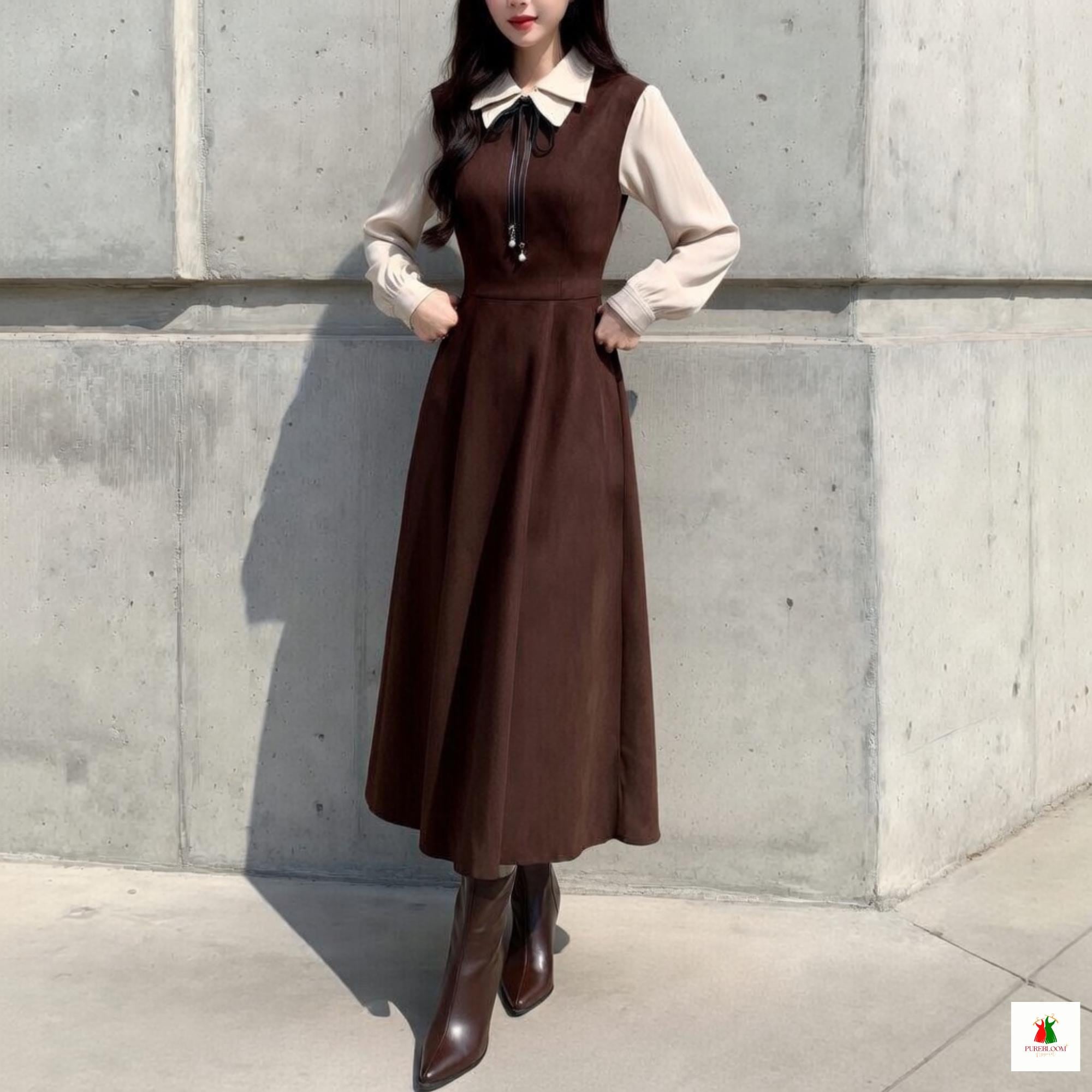 korean cottagecore dress Women Floral Midi Tea Dress Lace Embroidery Cottagecore Puff Sleeve Ruffle