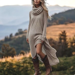 May include: A long, beige knit dress with a high cowl neck and long sleeves. The dress has a high-low hemline and is paired with brown cowboy boots. The background features a mountain landscape.