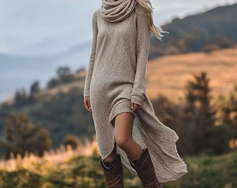 Vestido largo de punto bohemio / Suéter de manga larga con cuello de bufanda