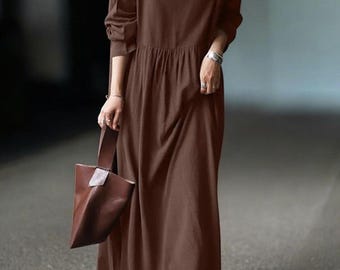 Vintage Cotton Maxi Dress | Long Sleeve Pleated Boho Kaftan