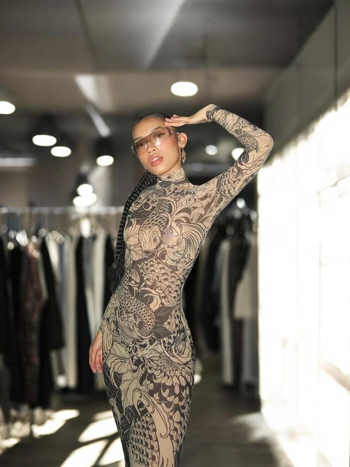 mesh turtleneck dress Afrm Women's Shailene Turtleneck Long Sleeved Mesh Dress - Multi - Size L