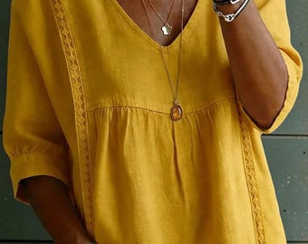 Women’s Lace V-Neck Blouse, Cutout 3/4 Sleeve Summer Pullover Top Casual Boho Shirt