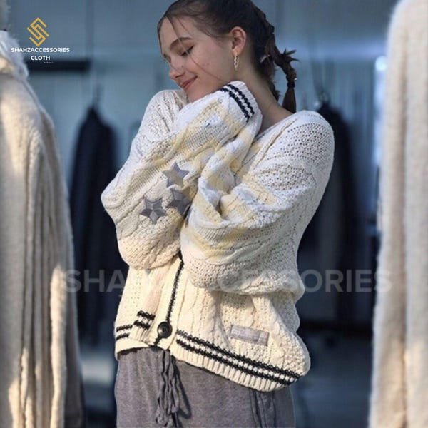Women’s Soft Mohair Style Cardigan |Vintage Star Knit Cardigan – Retro V-Neck Winter Sweater