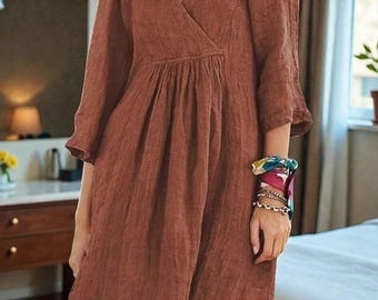 Women’s Bohemian Cotton Linen Dress | V-Neck Smock Mini | Puff Sleeve | Summer Beach Tunic