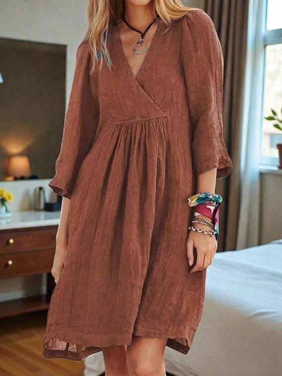 Women’s Bohemian Cotton Linen Dress | V-Neck Smock Mini | Puff Sleeve | Summer Beach Tunic