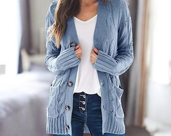 Women Oversize Knit Cardigan Jacket – Cozy Fall Christmas Sweater | V-Neck Sweater |