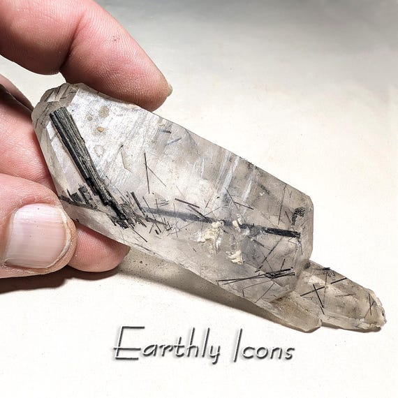 Tourmalinated Faden Quartz; Raw Faden Quartz Crystal with Schorl Inclusions; Healing Crystal; Reiki Quartz Crystal