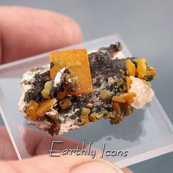 Wulfenite and Mimetite Mineral Combo Specimen; Mexican Wulfenite Crystals; Wulfenite Mimetite Thumbnail Specimen; La Morita Mine