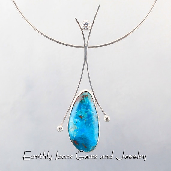 Gem Silica and Chrysocolla with Moissanites Sterling Silver Pendant; Art Pendant; Gem Silica Pendant; One of a Kind Pendant; Pendant for Her
