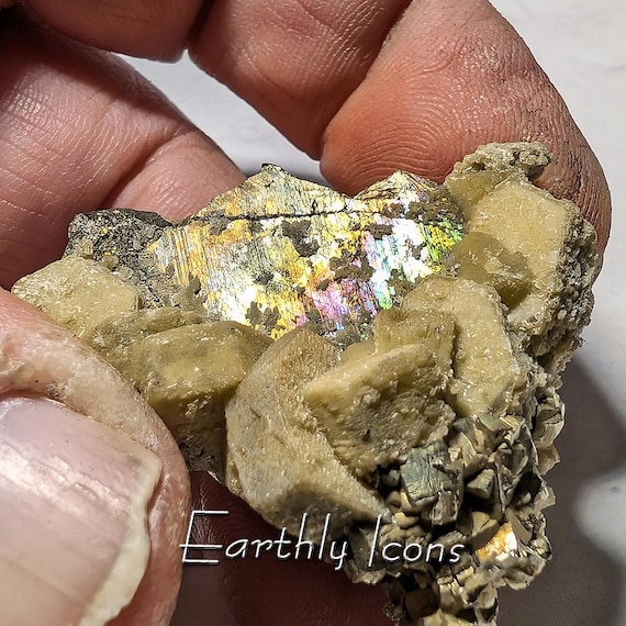 Iridescent Rainbow Pyrite with Fluorapatite; Pyrite Cluster; Raw Pyrite Specimen; Pyrite Crystals; Raw Fluorapatite Crystals