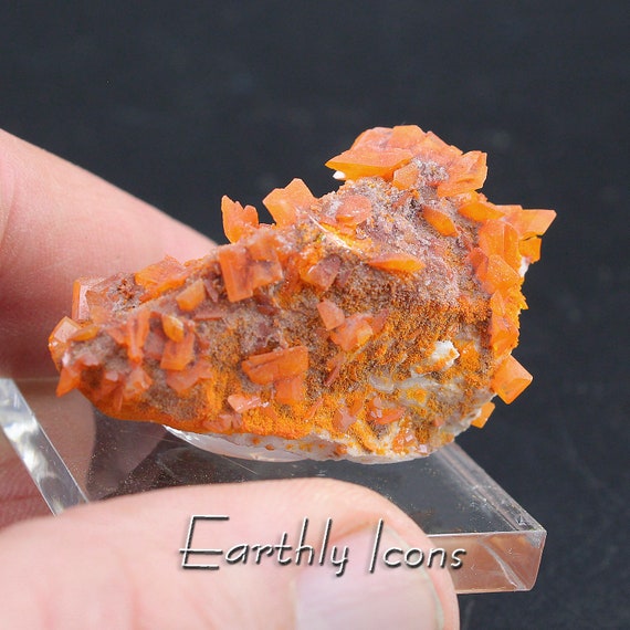 Wulfenite and Mimetite Mineral Specimen Rowley Mine Arizona; Raw Wulfenite Crystals; Wulfenite Crystal Display; Top Color Rowley Wulfenite