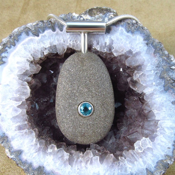 Natural Beachstone Pendant with Apatite and Sterling Silver