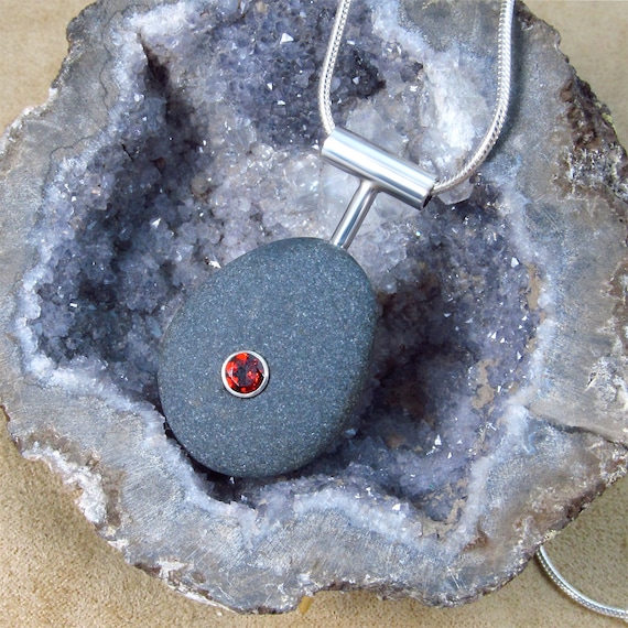 Natural Beachstone Pendant with Garnet and Sterling Silver