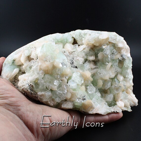 Large (1.8kg) Very Gemmy Clear and Green Apophyllite and Stilbite Mineral Cluster Specimen from India; Decorator Display Specimen