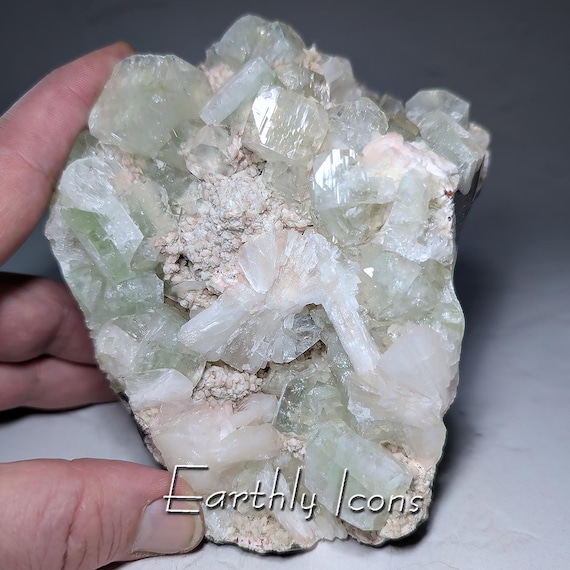 Large (1.28kg) Gemmy Green Apophyllite and Stilbite on Heulandite from Nashik, India; Zeolite Combo Specimen