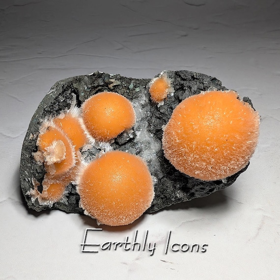 Stellar Bright Orange Thomsonite with Mesolite from India; Thomsonite Mineral Specimen; Botryoidal Thomsonite; Fibrous Mesolite Needles