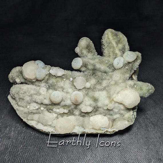 Gyrolite and Calcite on Chalcedony from Mumbai, India; Raw Mineral Display Specimen; Botryoidal Crystals