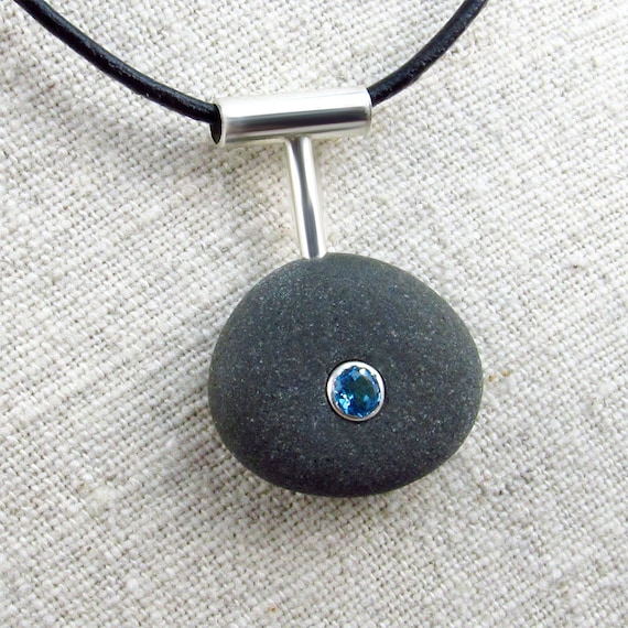 Natural Beachstone Pendant with Swiss Blue Topaz and Sterling Silver