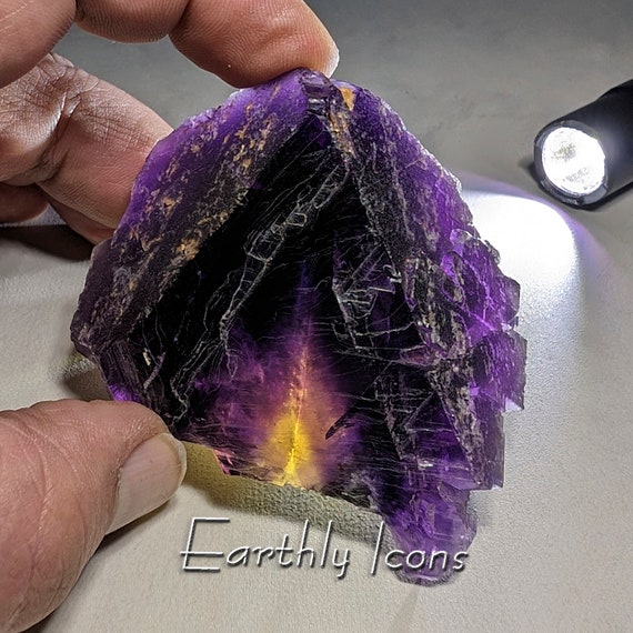 Fluorite from Denton Mine, Hardin County, Illinois; Purple and Yellow Raw Fluorite Crystals; Raw Mineral Specimen