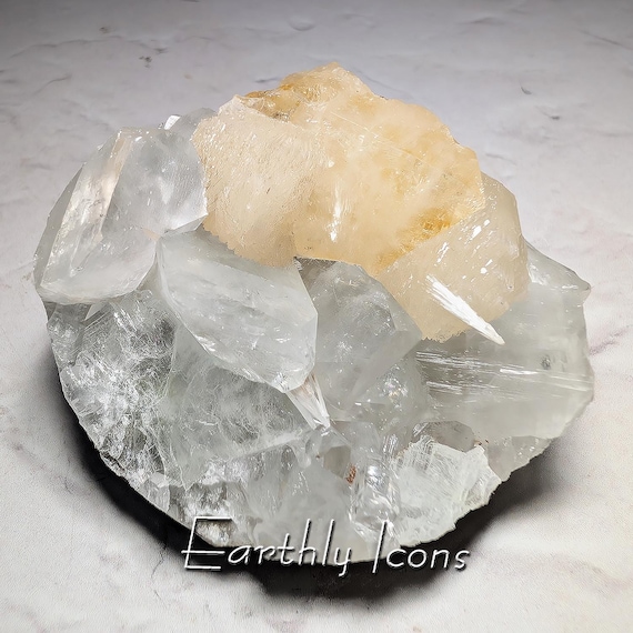 Rare Powellite on Clear Gemmy Apophyllite with Stilbite and Scolecite from Nashik, Maharashtra, India; Zeolite Combo Crystal Specimen