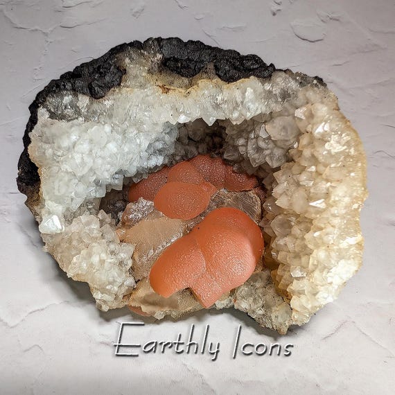 Rare Pink-Orange Botryoidal Fluorite and Calcite on Quartz from Nashik District, India; Botryoidal Red Fluorite; Raw Fluorite; Ball Fluorite