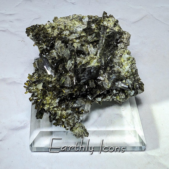 Epidote and Quartz Crystal Cluster; Raw Crystal Mineral Specimen; Epidote Crystals