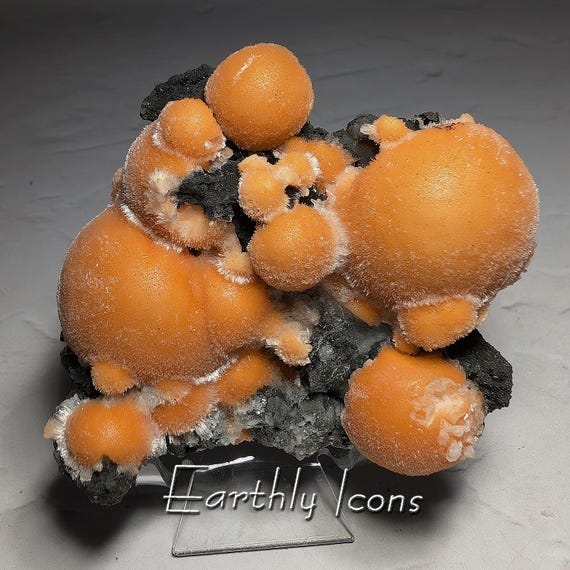 Stellar Bright Orange Thomsonite with Mesolite from India; Thomsonite Mineral Specimen; Botryoidal Thomsonite; Fibrous Mesolite Needles
