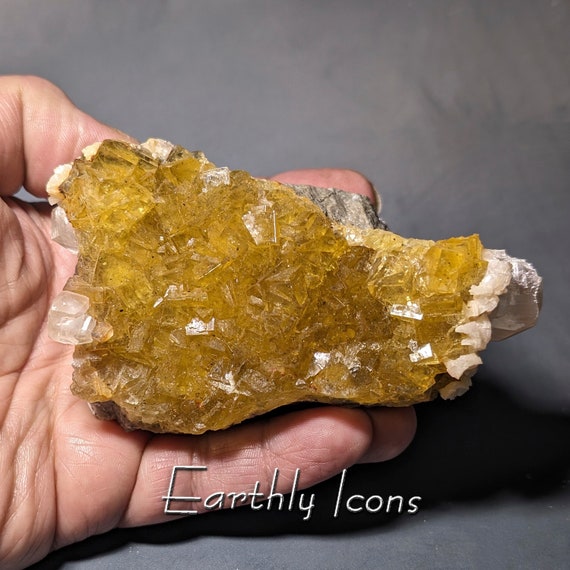 Yellow Fluorite (510.7g) from Moscona Mine, Spain; Raw Mineral Specimen; Golden Yellow Fluorite Crystals; Fluorite with Calcite and Dolomite