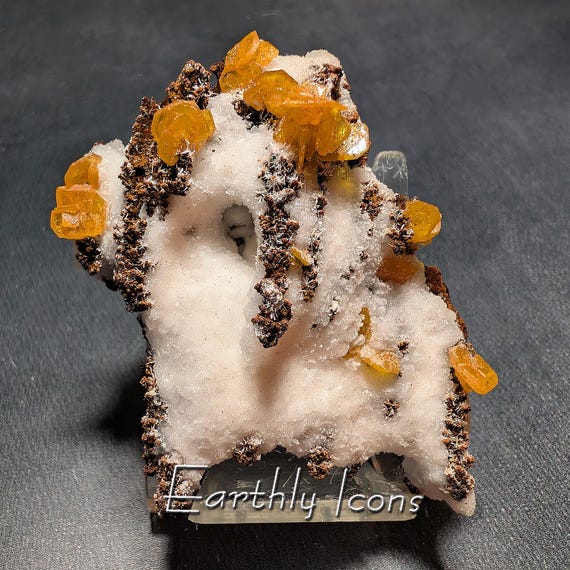 Wulfenite with Calcite from Los Lamentos, Mexico; Gemmy Wulfenite Crystals; Raw Wulfenite Specimen; Los Lamentos Mountains Wulfenite