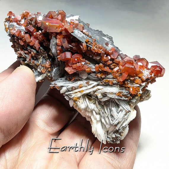 Crimson Red Vanadinite with Barite from Morocco; Raw Vanadinite Mineral Display; Moroccan Mineral; Red Crystals of Vanadinite