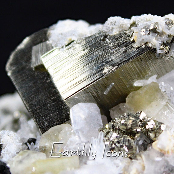 Pyrite and Apatite on Quartz, Calcite - Panasqueira Mine, Portugal; Pyrite Crystals; Raw Pyrite Specimen; Apatite Crystals