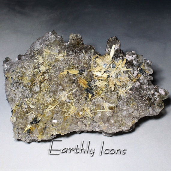 Golden Rutile with Hematite on Quartz from Brazil; Rutile Stars on Quartz; Rutile Needles on Quartz; Decor Sparkly Crystal