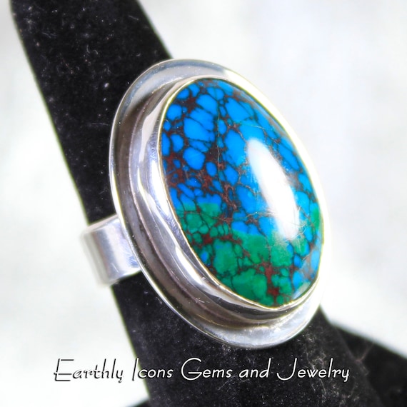 Spiderweb Chrysocolla Ring; Chrysocolla Statement Ring; Blue and Green Gemstone Silver Ring; Artisan Chrysocolla Jewelry;Chrysocolla Jewelry
