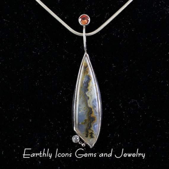 Graveyard Point Plume Agate and Sapphire Pendant in Sterling Silver