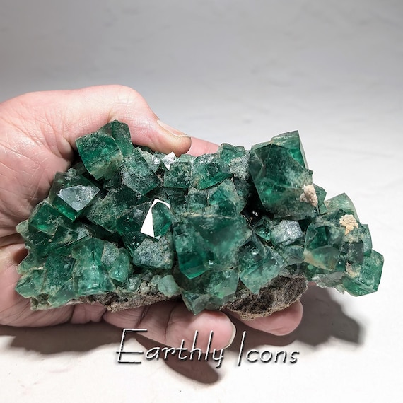 Fluorite Crystal Cluster (502g) from the Wolfie Pocket, Rogerly Mine, Co. Durham, England; Gem Green Fluorescent Fluorite Crystals
