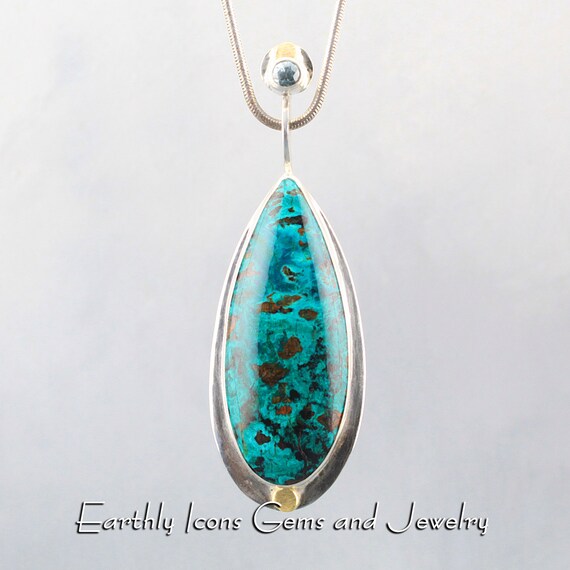 Malaquoise and Natural Blue Zircon Sterling Silver and 18kt Gold Pendant; Art Pendant; One of a Kind Pendant; Pendant for Her