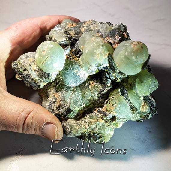 Large Prehnite with Epidote from Madagascar; Botryoidal Green Prehnite; Epidote Crystals; Raw Prehnite and Epidote Specimen