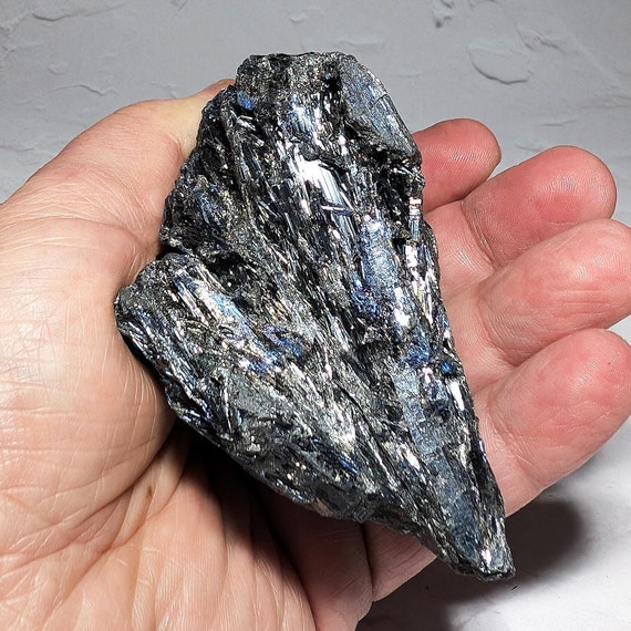 Rare Iridescent Stibnite (Antimonite) Cluster from Yunnan Province, China; Metallic Stibnite Mineral; Blue Flash Stibnite