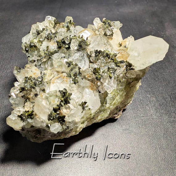 Epidote on Quartz Crystals from Turkey;  Epidote Specimen; Epidote Crystal Clusters; Quartz Cystal Cluster with Epidote
