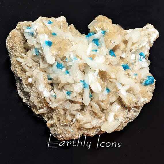 Cavansite and Stilbite on Heulandite from India; Blue Mineral Crystal Clusters; Raw Cavansite Flowers; Metaphysical Mineral Specimen