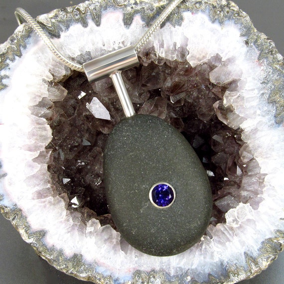 Natural Beachstone Pendant with Amethyst and Sterling Silver